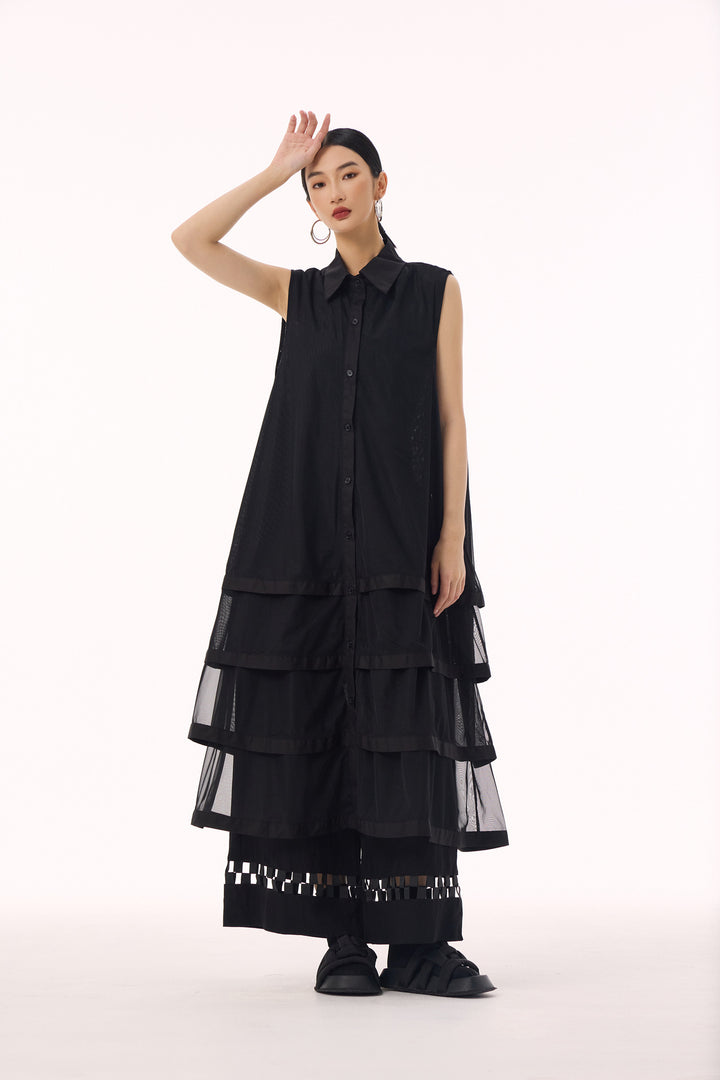 See through tiered vest long dress