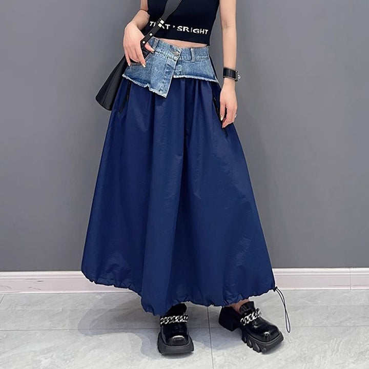 Contrast color switching denim flare skirt