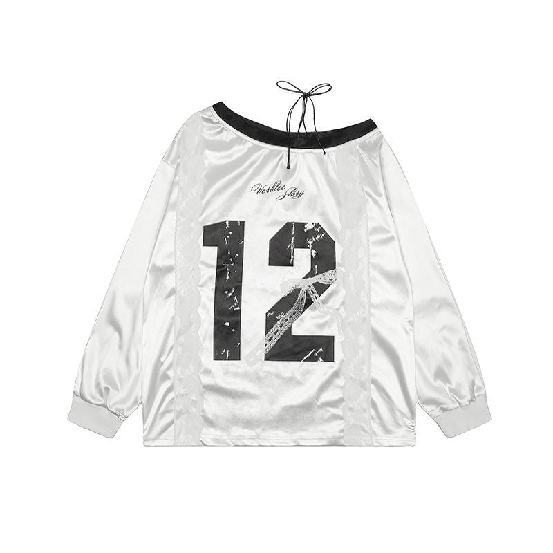 Numbering Lace Ribbon Long Sleeve Tops