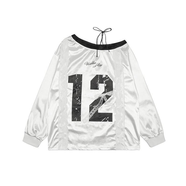 Numbering Lace Ribbon Long Sleeve Tops