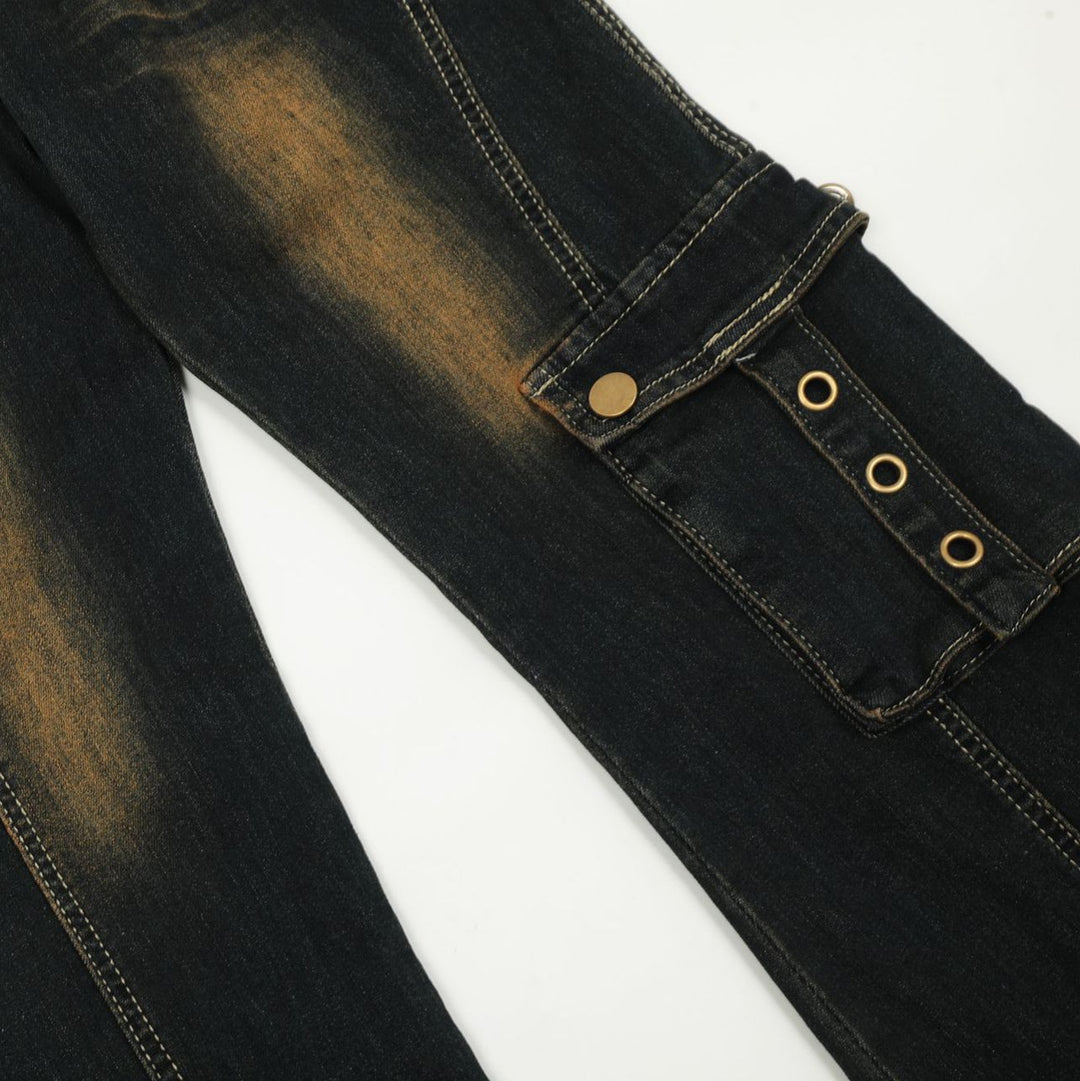 Fur washed flare denim pants