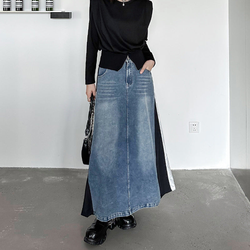 Washed patchwork denim side skirt