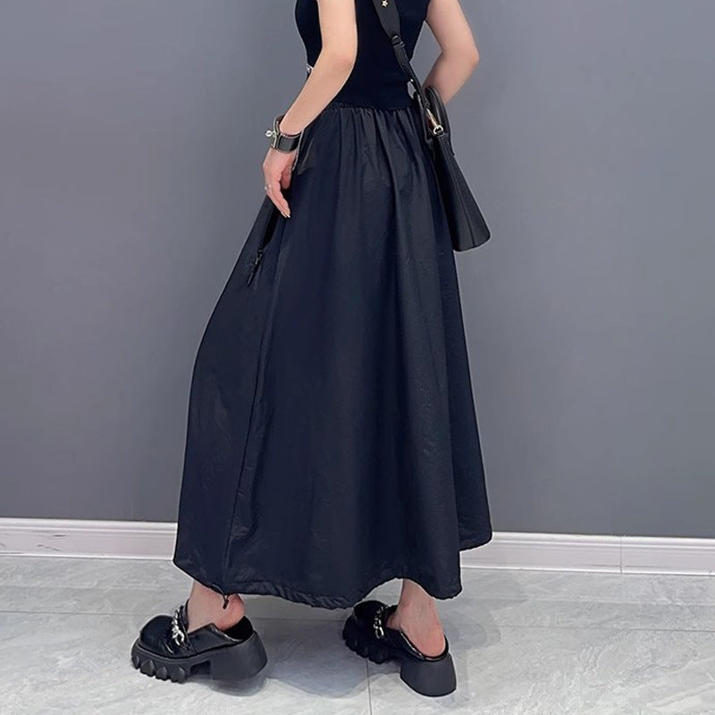 Contrast color switching denim flare skirt
