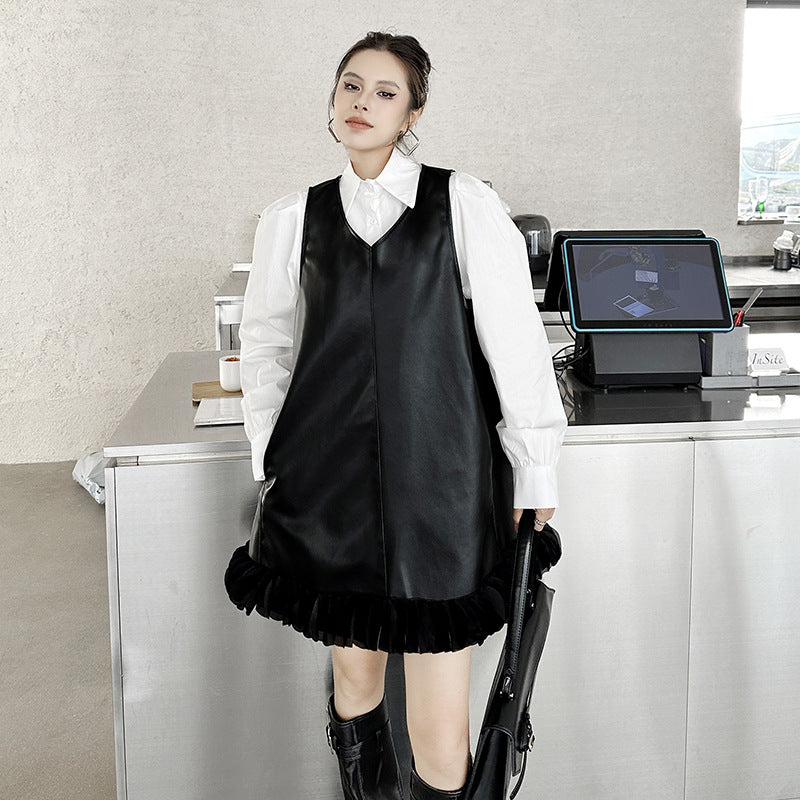 Puff sleeve collar shirt & PU leather v-neck onepiece