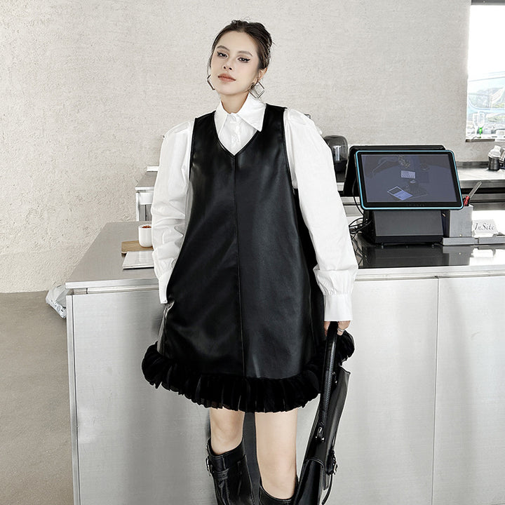 Puff sleeve collar shirt & PU leather v-neck onepiece