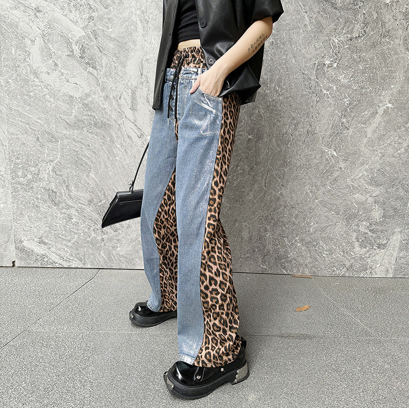 Silver plated wash denim patchwork leopard print casual pants