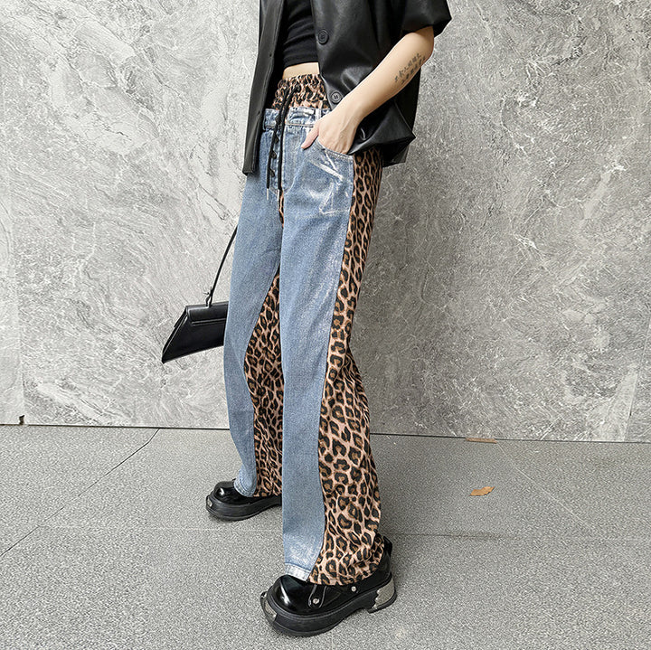 Silver plated wash denim patchwork leopard print casual pants