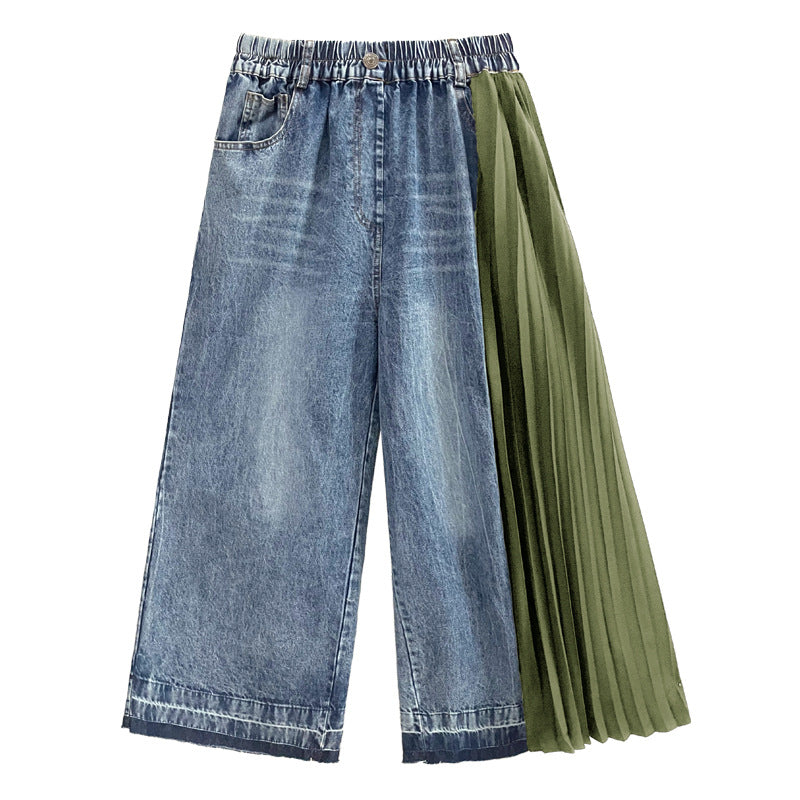 Contrast color patchwork pleated jeans