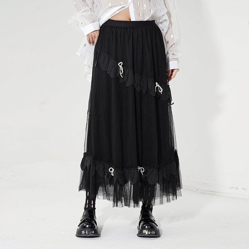 Layered tulle ribbon long skirt