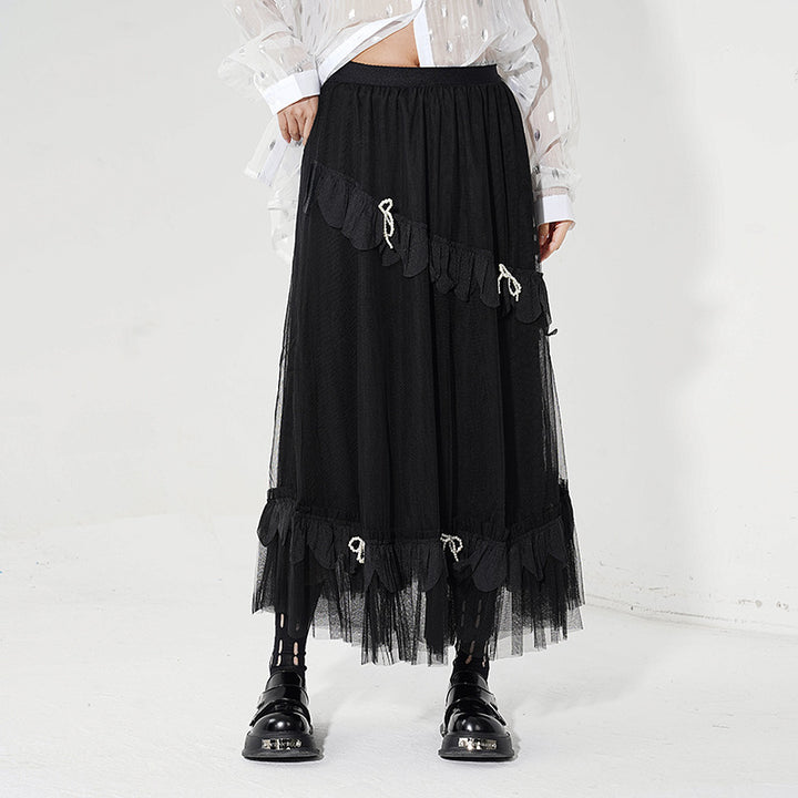 Layered tulle ribbon long skirt