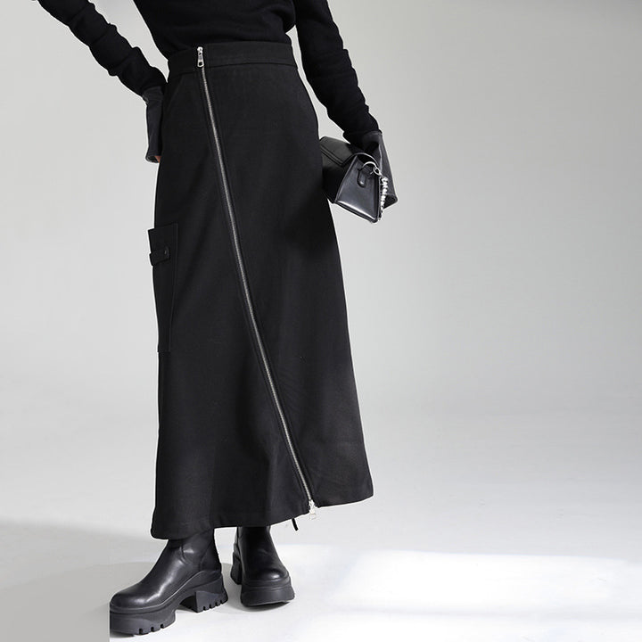 Diagonal Zipper Tight Long Skirt