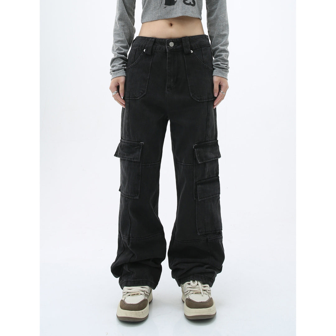 Water-washed loose-fitting wide jeans