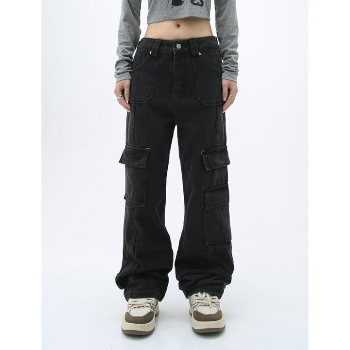 Water-washed loose-fitting wide jeans