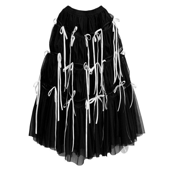 Ribbon stitching long flare gathered tulle skirt