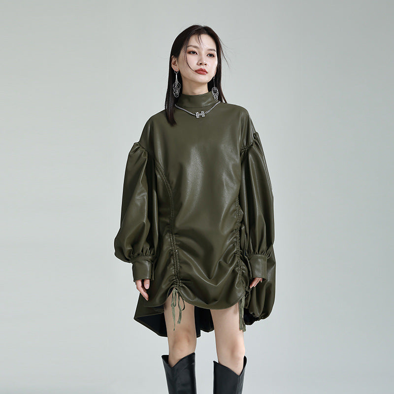 High Neck Shirring PU Leather Shirt