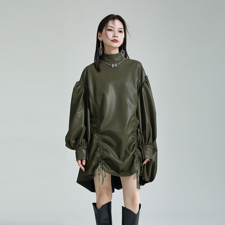 High Neck Shirring PU Leather Shirt