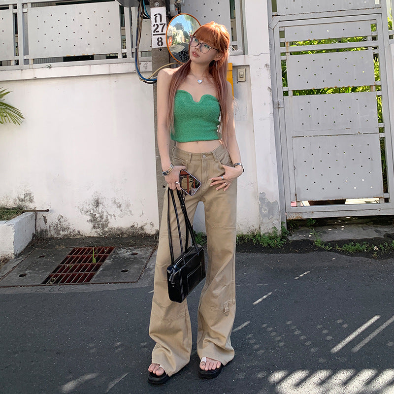 Low waist relaxed khaki denim pants