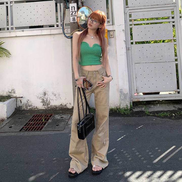 Low waist relaxed khaki denim pants