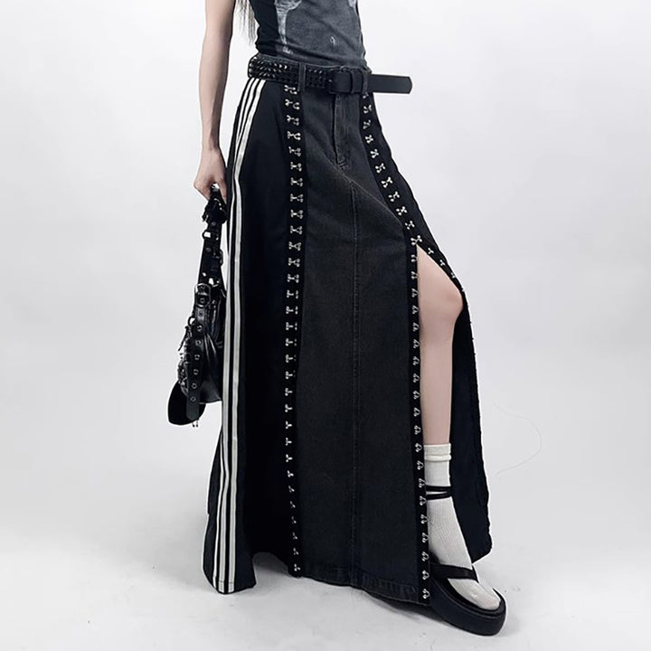 Side line hook denim A-line skirt