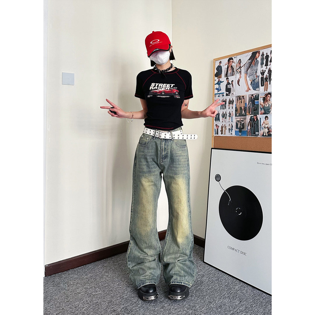 Street washed yellow clay slightly flared jeans