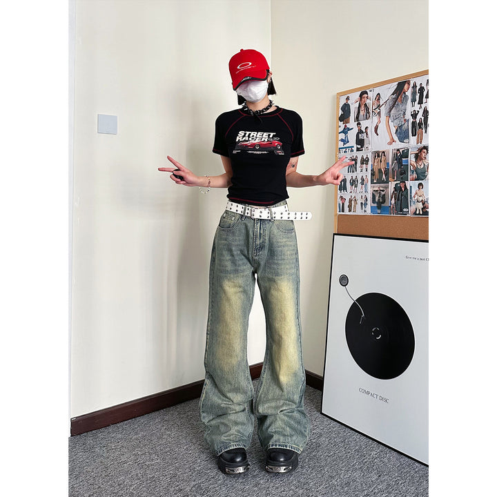 Street washed yellow clay slightly flared jeans