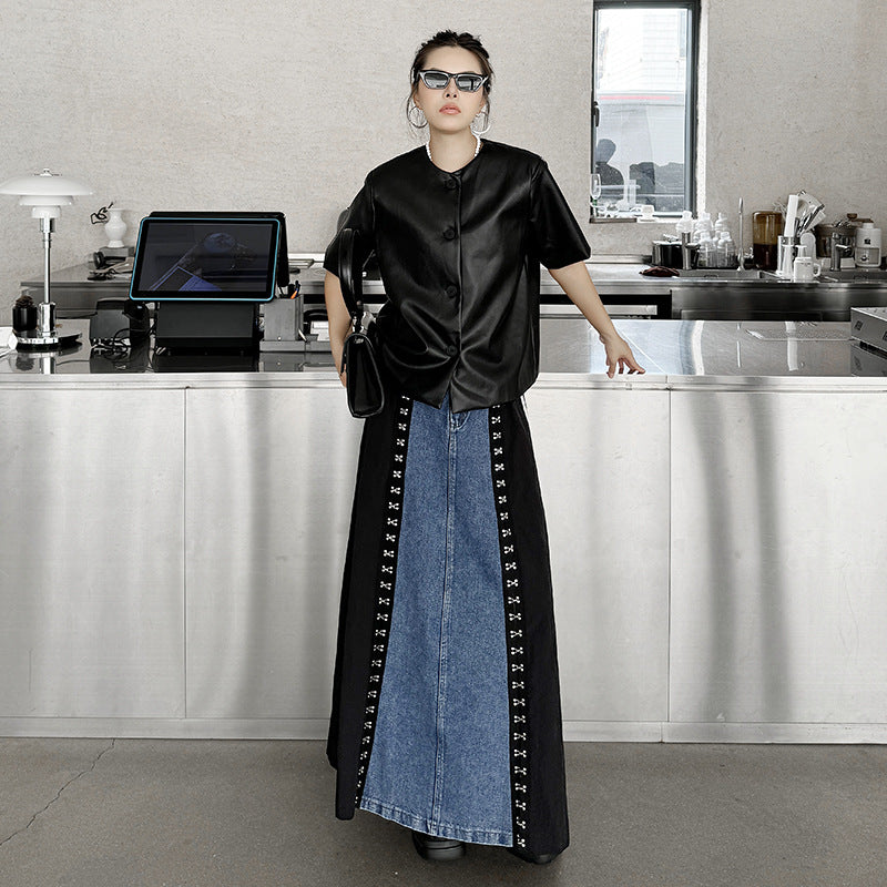 Side line hook denim A-line skirt