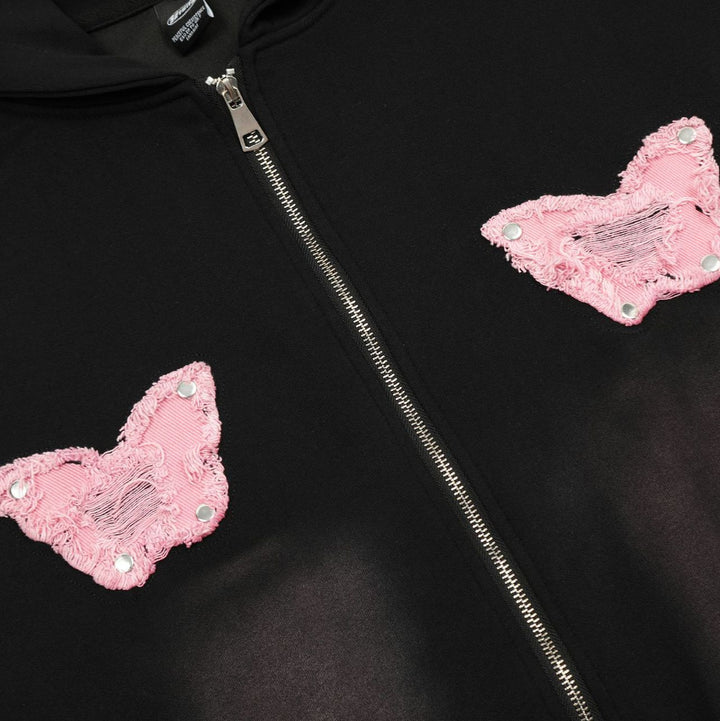 Sweet Washed Butterfly Patch Embroidered Hooded Jacket