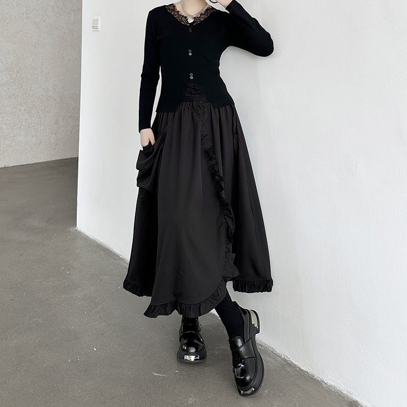 Large pocket asymmetric frill high waist skirt