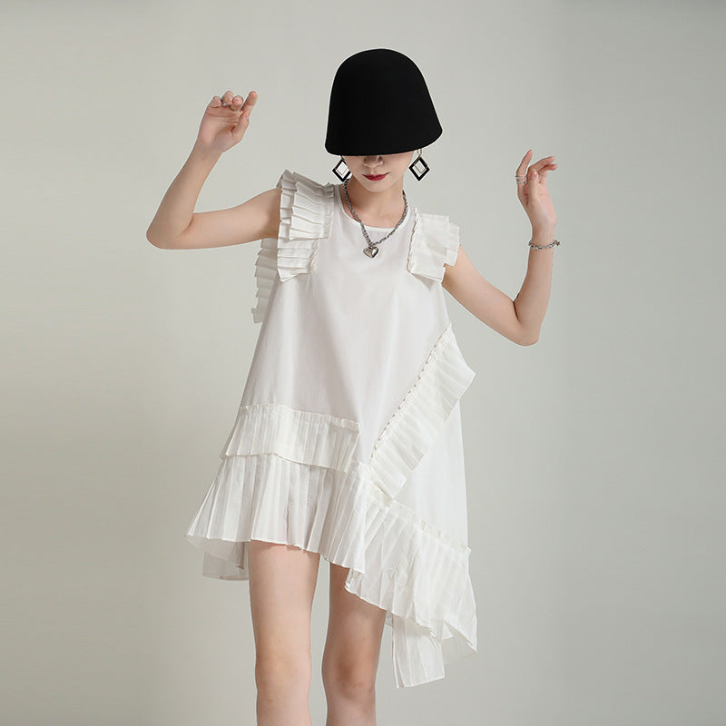 Asymmetry no sleeve pleats one piece