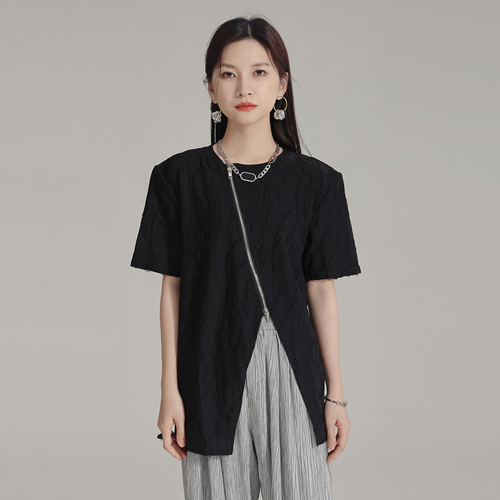 Zipper Short Sleeve Loose Top
