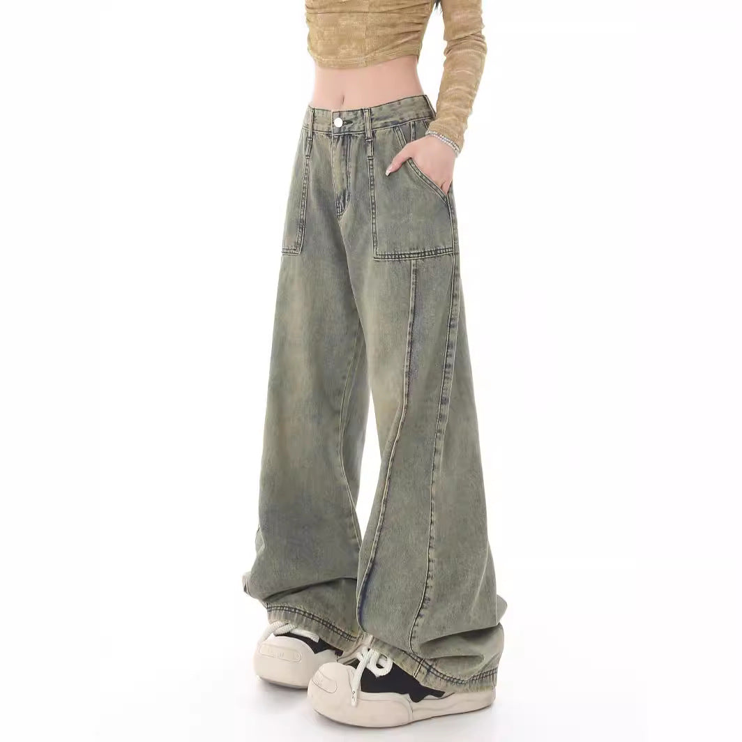 Retro panel loose denim jeans