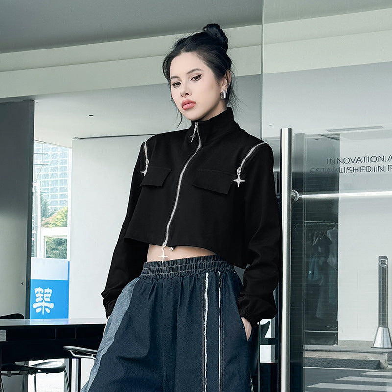 Zipper Stand Collar Short Tops