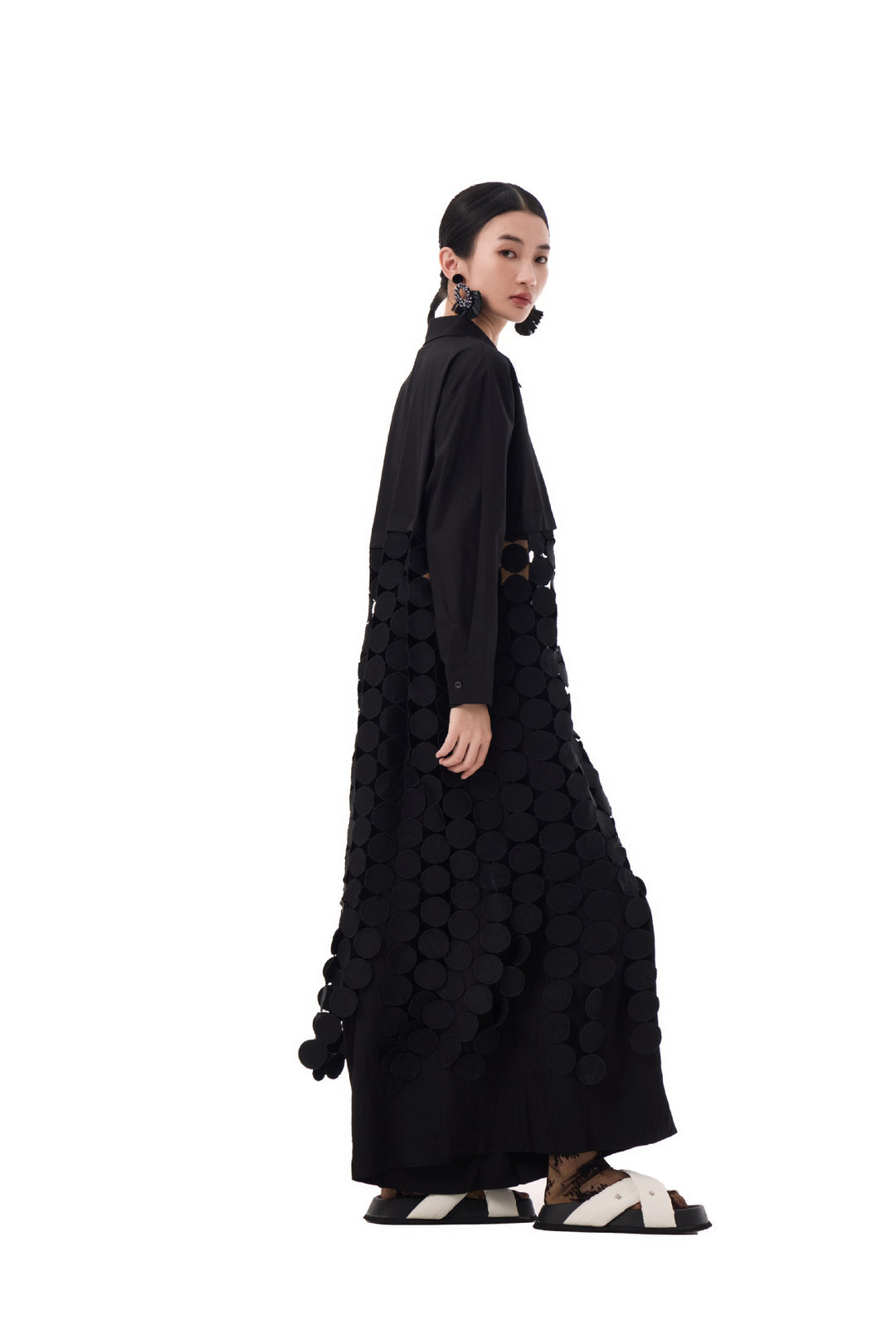 Patchwork hollow disc fringe shirt dress