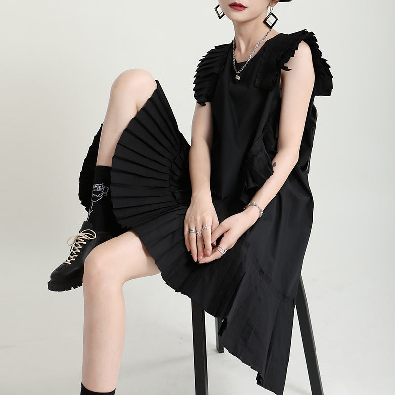 Asymmetry no sleeve pleats one piece