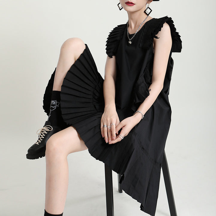 Asymmetry no sleeve pleats one piece