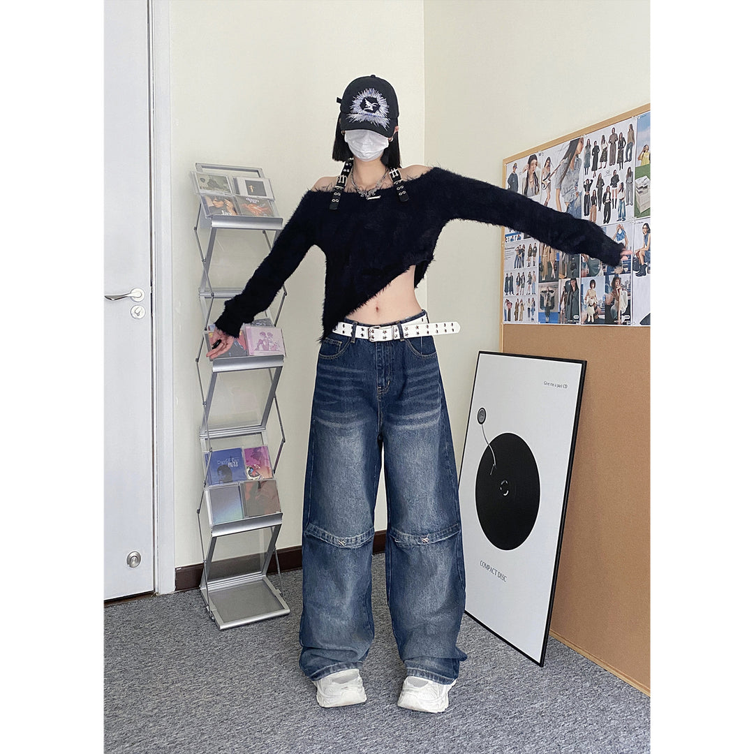 Wash stitching wide-leg jeans