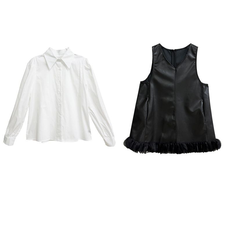 Puff sleeve collar shirt & PU leather v-neck onepiece