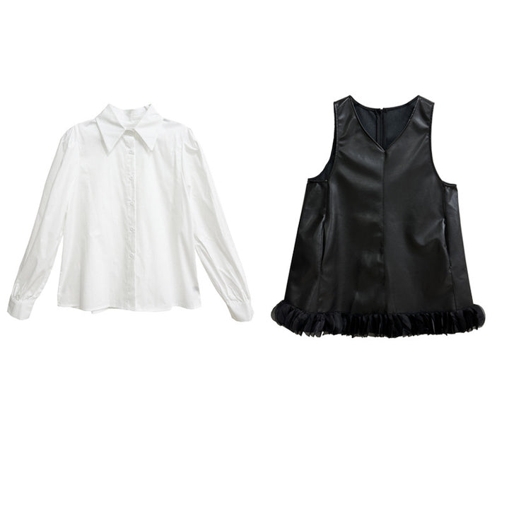 Puff sleeve collar shirt & PU leather v-neck onepiece