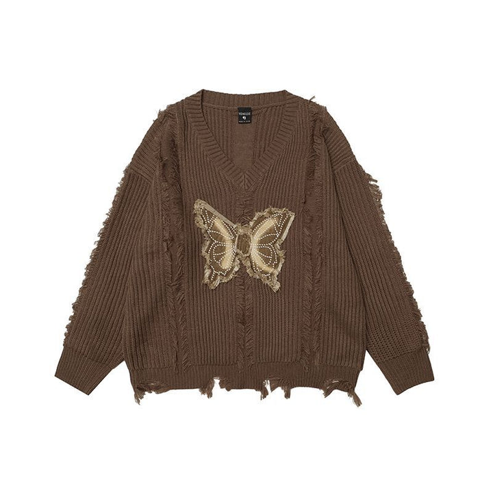 Butterfly embroidery v-neck damage knit sweater
