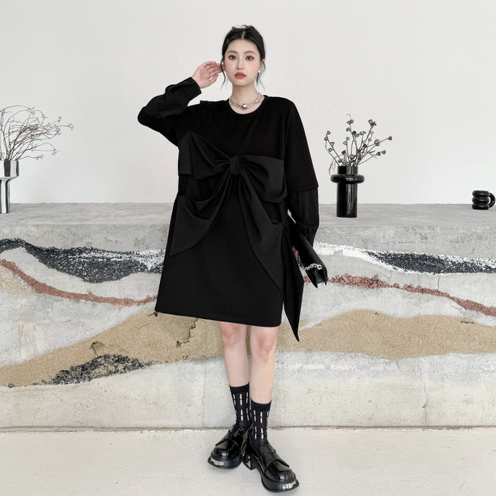 Ribbon black pullover onepiece