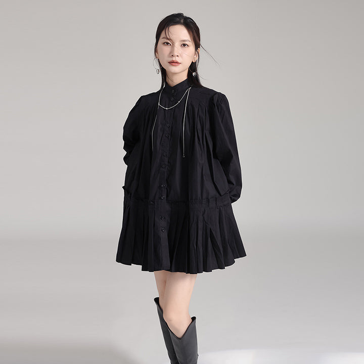 Stand Collar Pleats Long Shirt