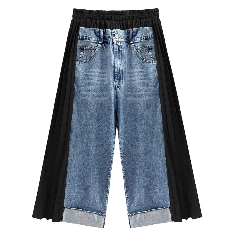 Patchwork pleated casual jeans
