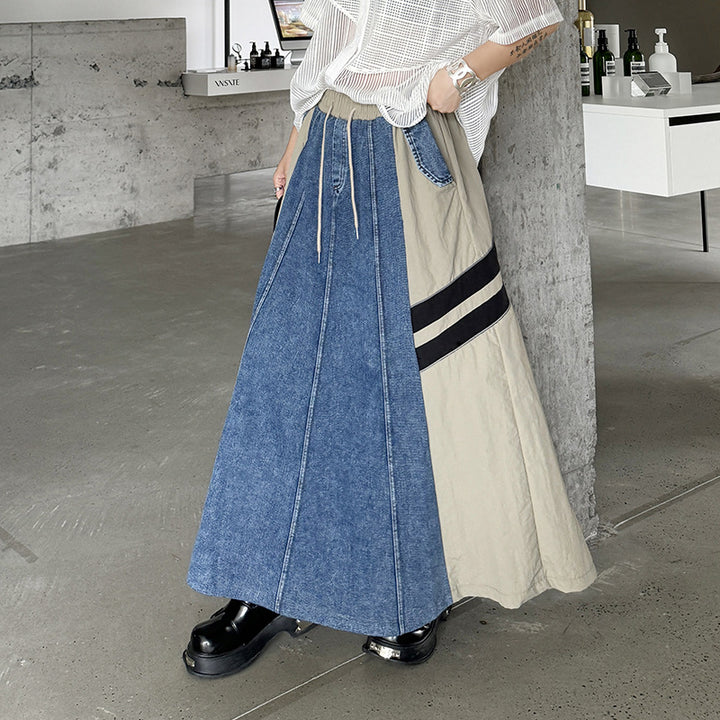 Contrast color stitching two line denim A-line skirt