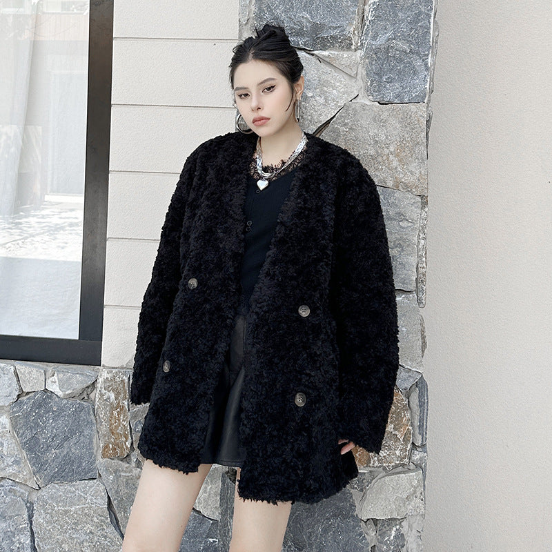 Oversized no-collar fur coat