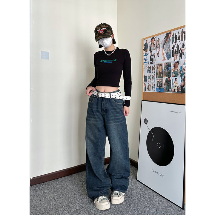 Straight dark blue retro mid-rise wide-leg pants