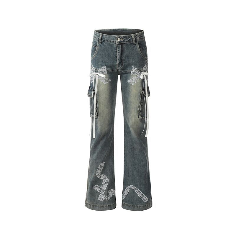 Ribbon denim flare pants