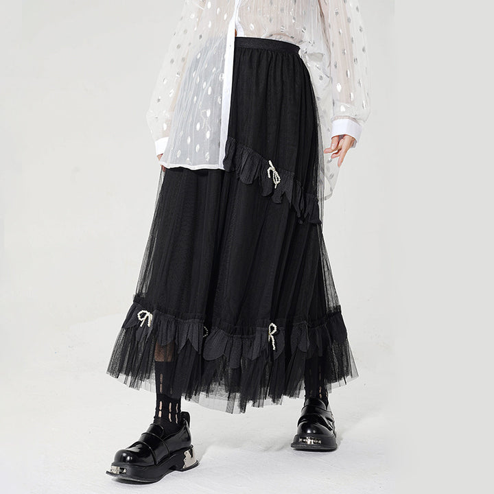 Layered tulle ribbon long skirt