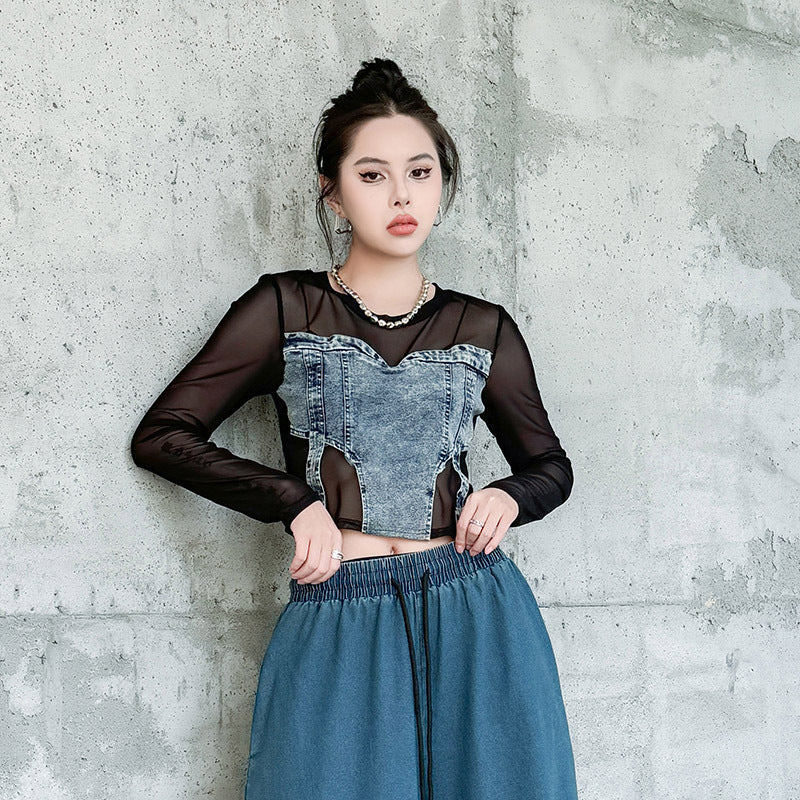 Mesh Denim Long Sleeve Tops