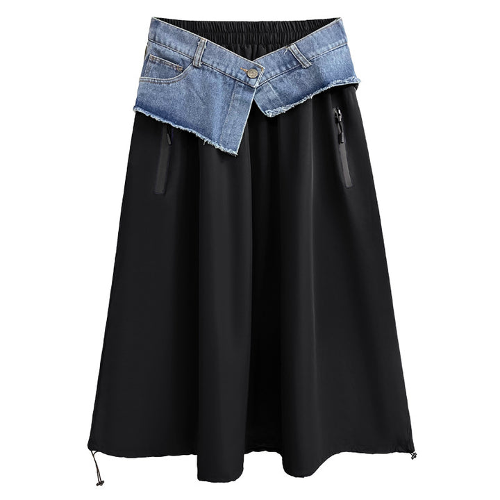 Contrast color switching denim flare skirt