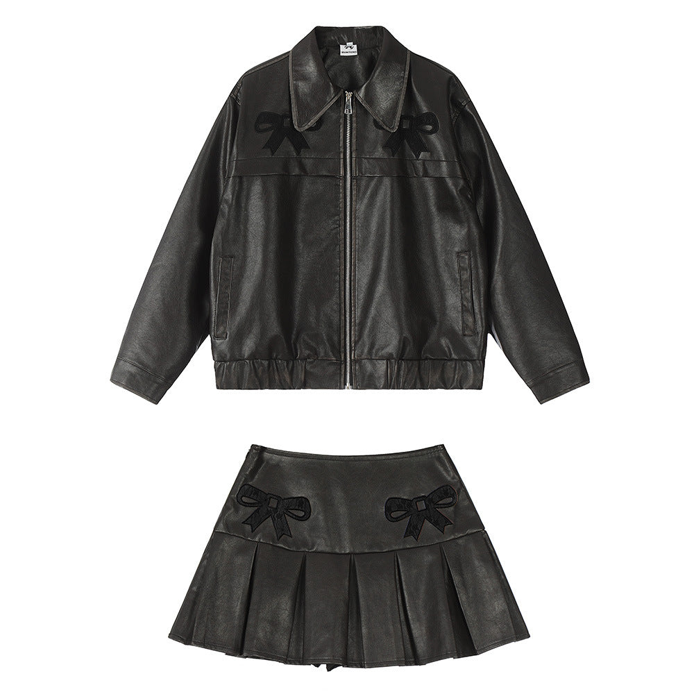 Sweet ribbon PU leather skirt